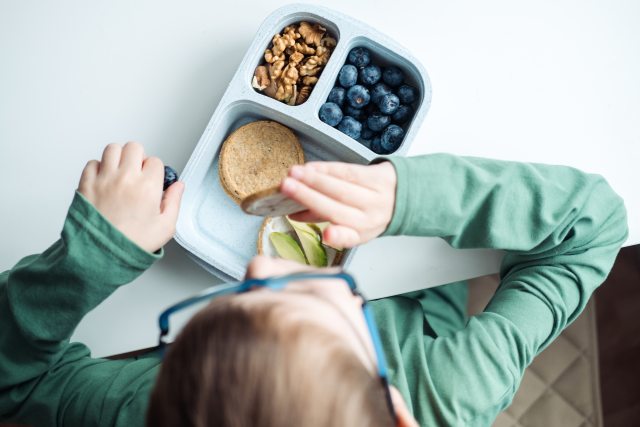 School age kid eating their lunch of blueberries, walnuts and a sandwich.