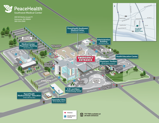 Bird's eye view illustration of Southwest Medical Center campus in Vancouver, Washington